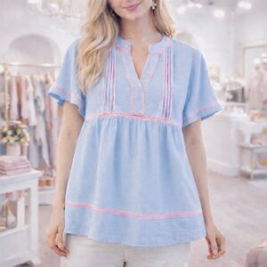 Easel Blue and Pink Babydoll V Neck Oversized Pleated Front & Back Gorgeous Top!